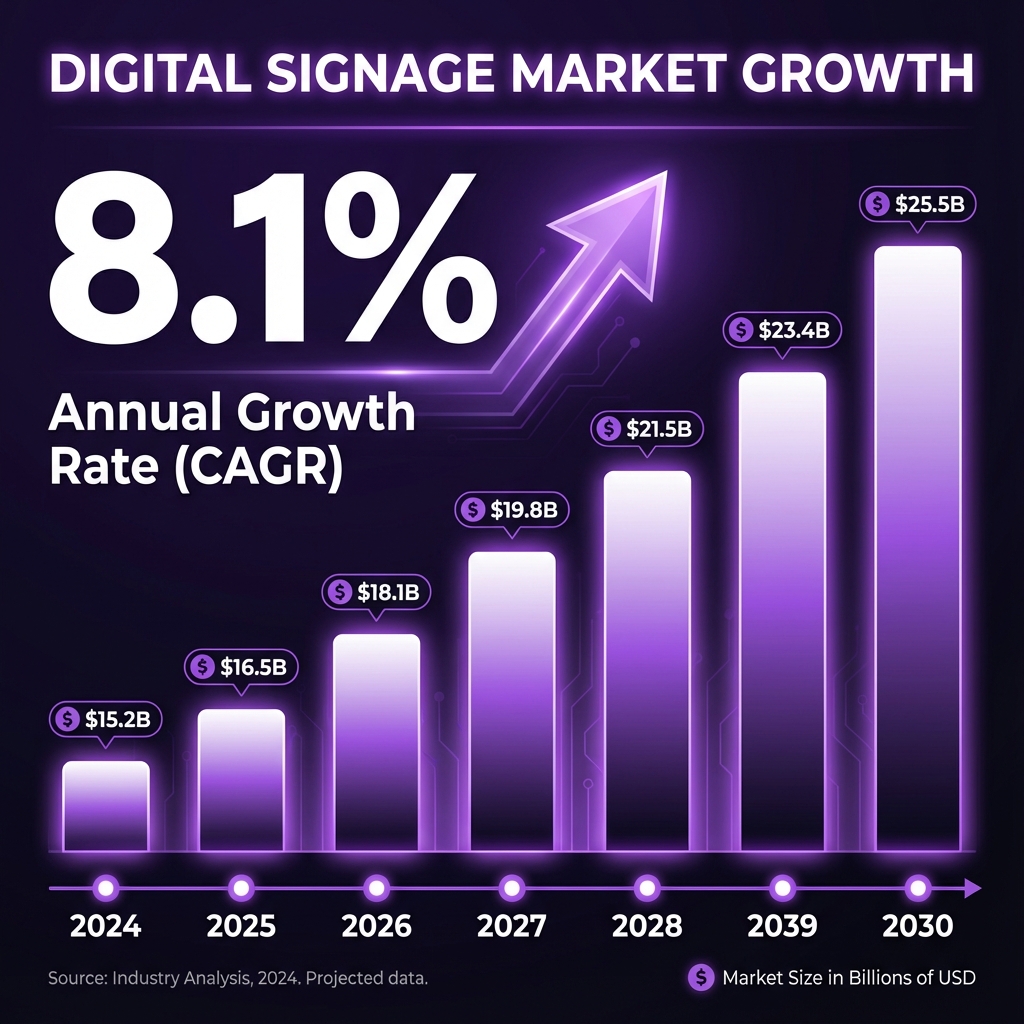 Digital signage market 8.1% CAGR growth chart 2024-2030
