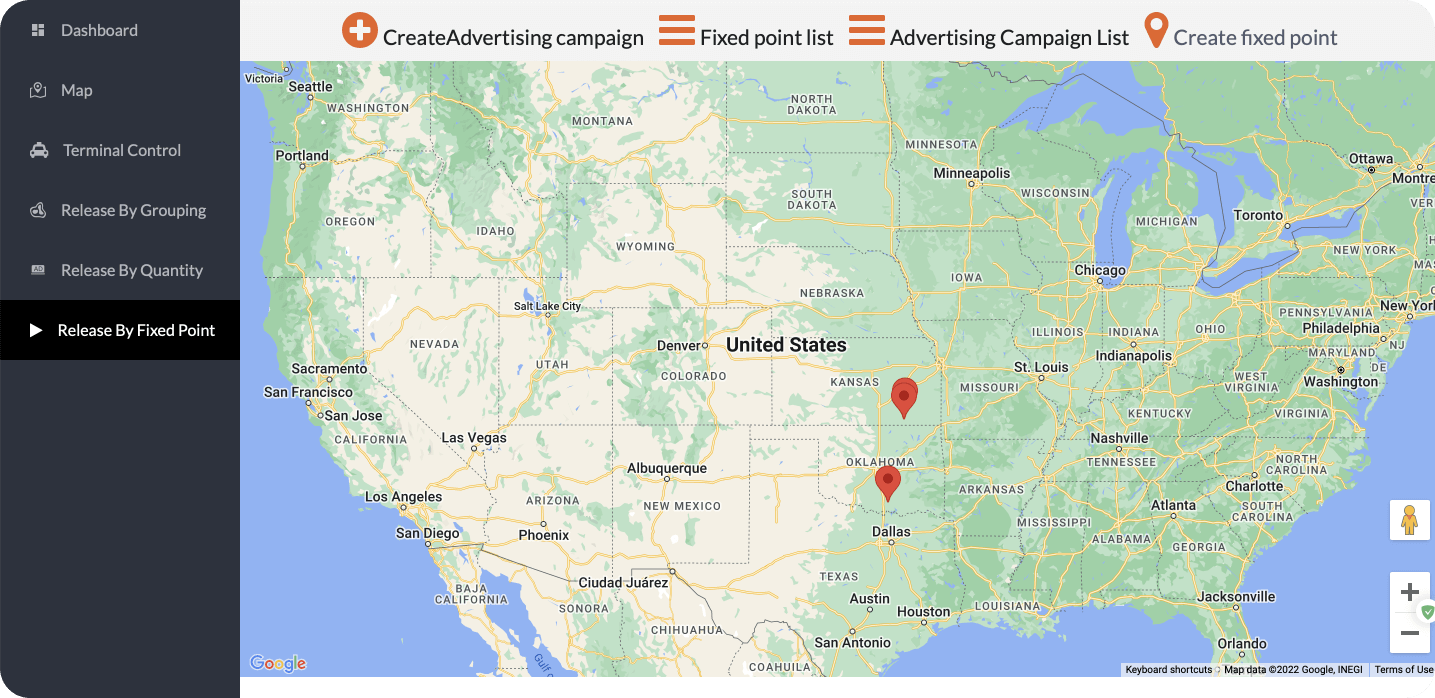 Advertising operations dashboard with map, fixed points and campaign controls