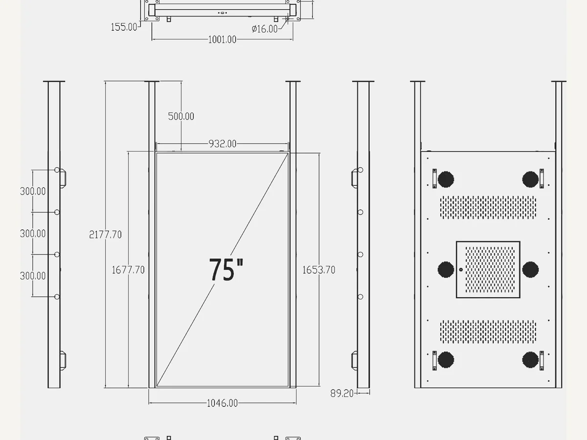 Assembly drawing of the 75-inch window display from five angles, with the bracket rails, anchor spacing and overall dimensions marked