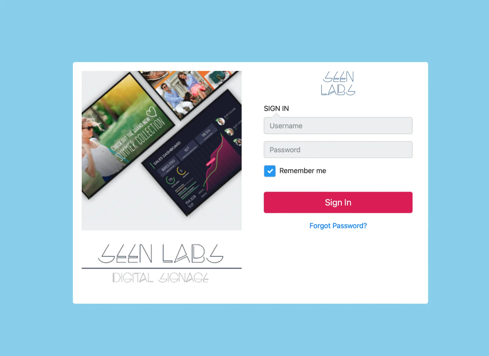 The SeenLabs sign-in page: a white card with the SeenLabs logo, a Username field, a Password field, a ticked Remember me checkbox, a red Sign In button, and a Forgot Password link.
