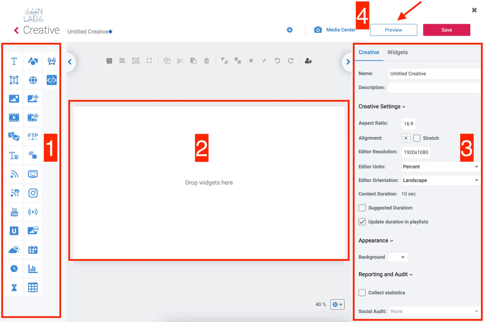 The creative composer with four areas marked. One is the widget column down the left side, holding text, image, video, RSS, YouTube, clock, weather and table widgets. Two is the empty white canvas in the middle labelled Drop widgets here. Three is the properties panel on the right showing Name, Description, Aspect Ratio 16:9, Editor Resolution 1920x1080 and Editor Orientation Landscape. Four is the Preview button next to the red Save button at the top.