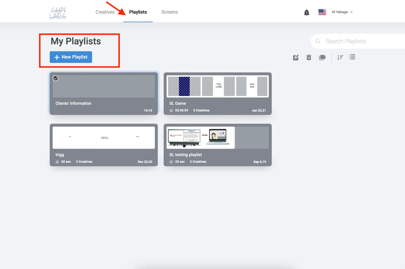The Playlists tab of the dashboard. An arrow points at Playlists in the top bar and a highlighted box surrounds the My Playlists heading and the blue New Playlist button. Four saved playlists are shown as cards, each with its name, total running time and creative count.