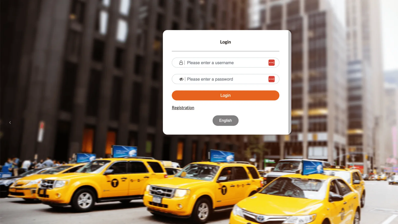 The login page over a photograph of yellow taxis carrying rooftop LED screens. A white card holds a username field, a password field, an orange Login button, a Registration link underneath and a grey English language button.