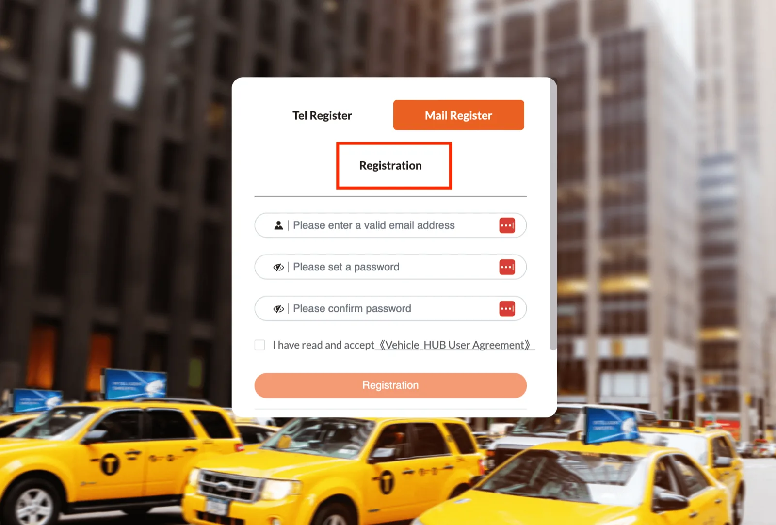 Registration card with two tabs, Tel Register and Mail Register, the Mail Register tab selected. Below it are fields for a valid email address, a password and a password confirmation, a tick box reading I have read and accept the Vehicle HUB User Agreement, and an orange Registration button.