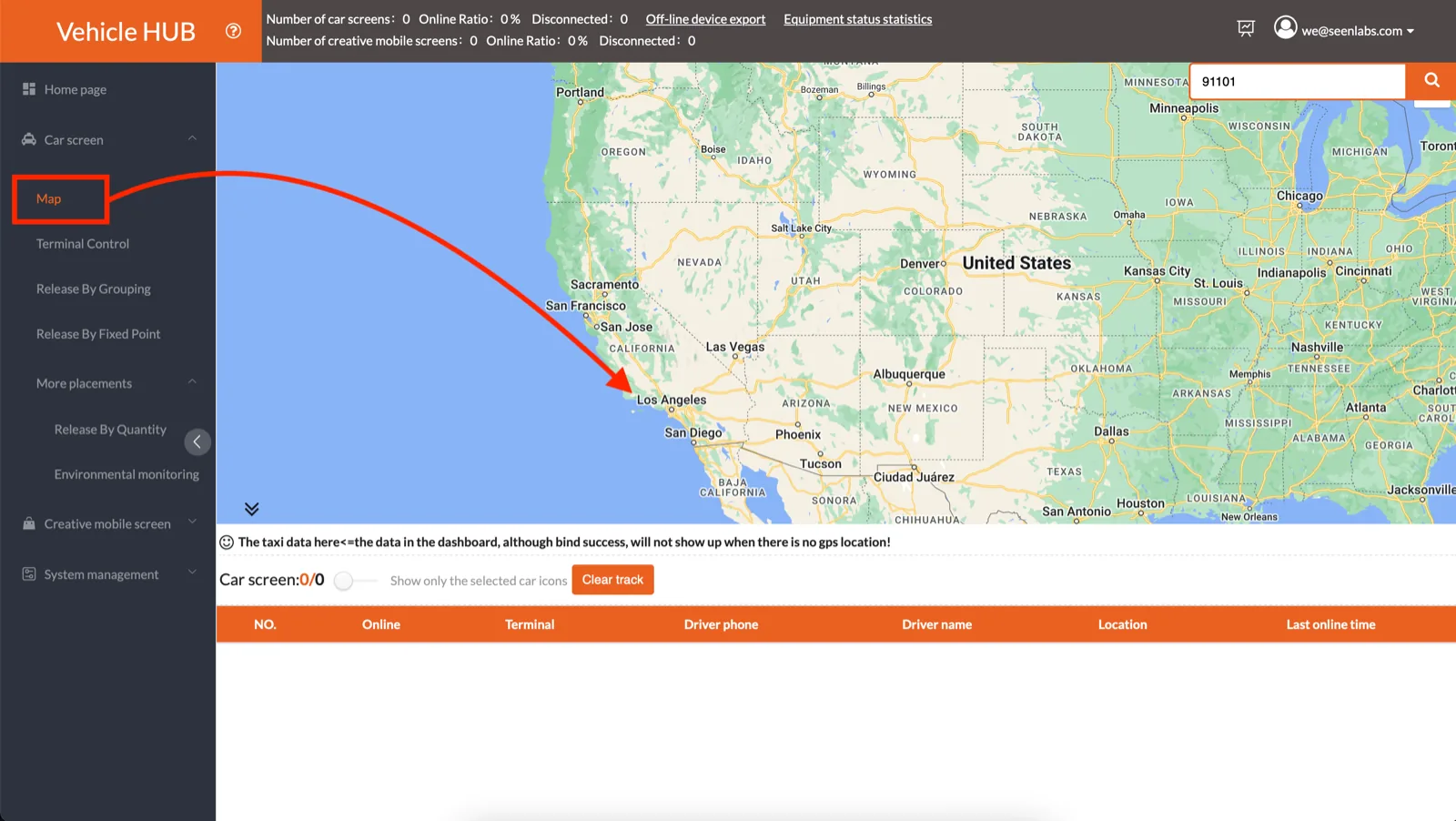 The map screen, with Map highlighted at the top of the Car screen menu. A Google map of the United States fills the page, a search box in the top right holds a ZIP code, and a line under the map warns that vehicles will not show up without a GPS location. Below that is a vehicle table with the columns NO., Online, Terminal, Driver phone, Driver name, Location and Last online time.