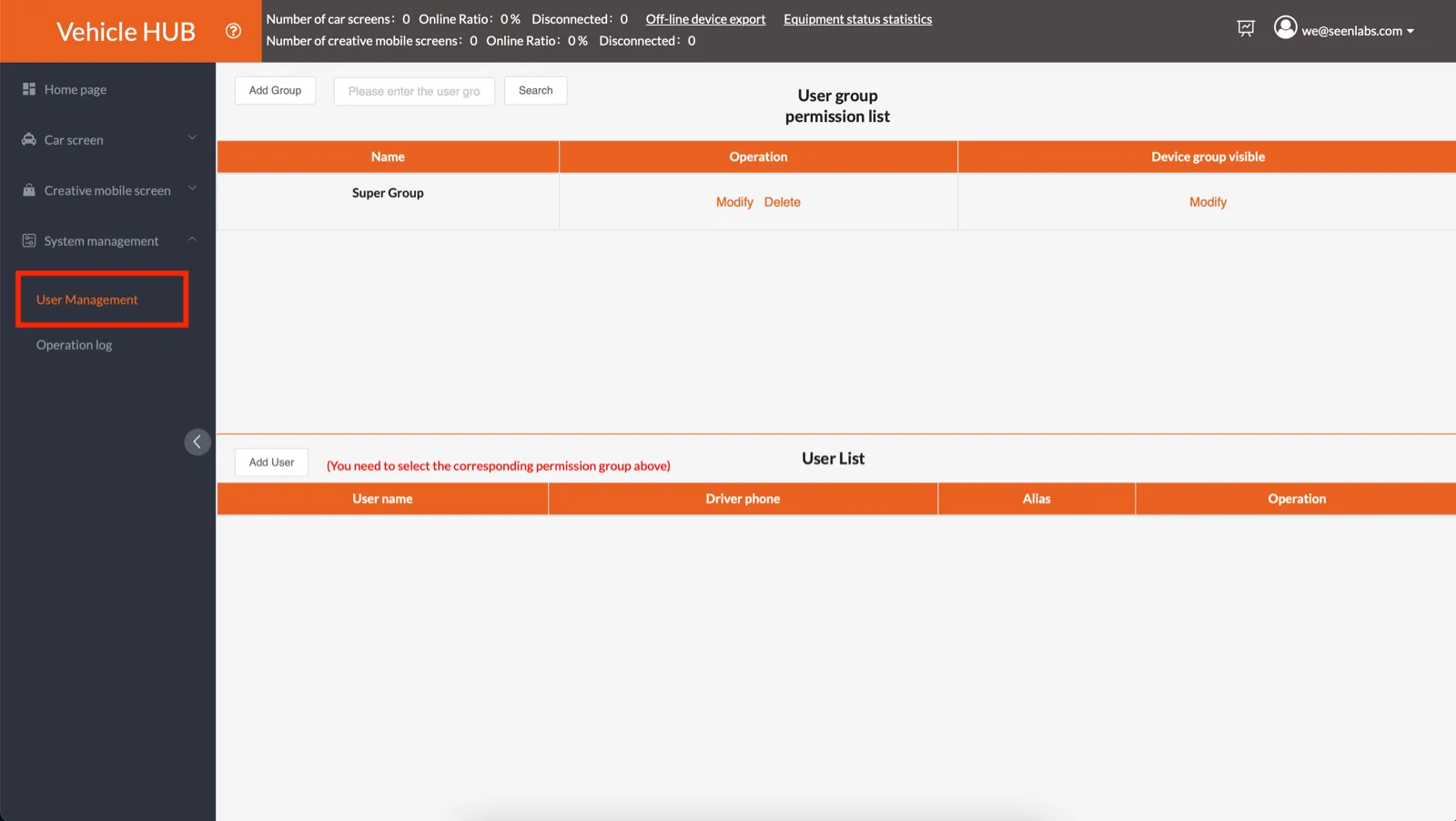 The User Management screen. At the top, an Add Group button and a User group permission list with the columns Name, Operation and Device group visible; the single row, Super Group, has Modify and Delete under Operation and its own Modify link under Device group visible. Lower down, an Add User button sits beside a red note reading You need to select the corresponding permission group above, over an empty User List with the columns User name, Driver phone, Alias and Operation.