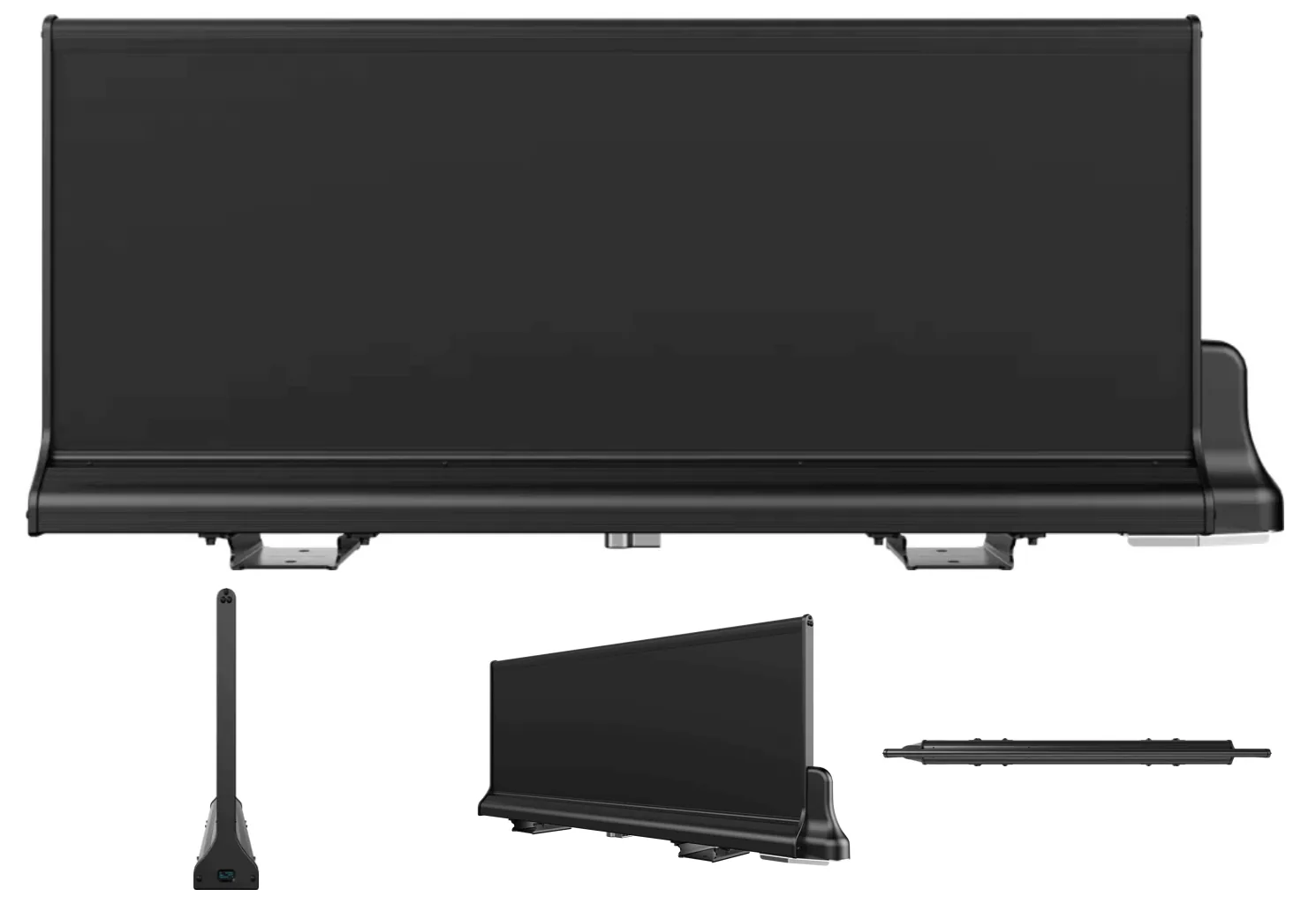 A black rooftop LED unit seen head-on, sitting on its low mounting base. Below it, three smaller views: a slim whip antenna on a flat screw-down foot, the same unit from a three-quarter angle showing how shallow it is, and a single mounting bar.