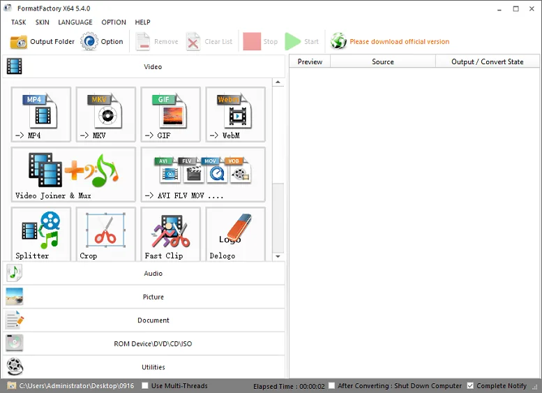 The Format Factory main window on Windows. The left panel lists the Video category expanded into conversion tiles labelled MP4, MKV, GIF, WebM, Video Joiner and Mux, AVI FLV MOV, Splitter, Crop, Fast Clip and Delogo, with collapsed rows below for Audio, Picture, Document, ROM Device and Utilities. A toolbar across the top holds Output Folder, Option, Remove, Clear List, Stop and Start buttons, and the job list on the right is empty.